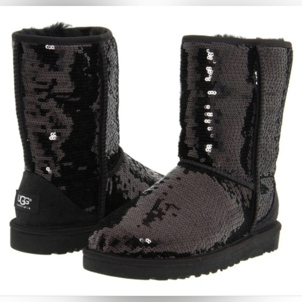 Uggs Womens Size 5 Australia Short Boots Black Sequin Sheepskin 3161 Sparkle UGG